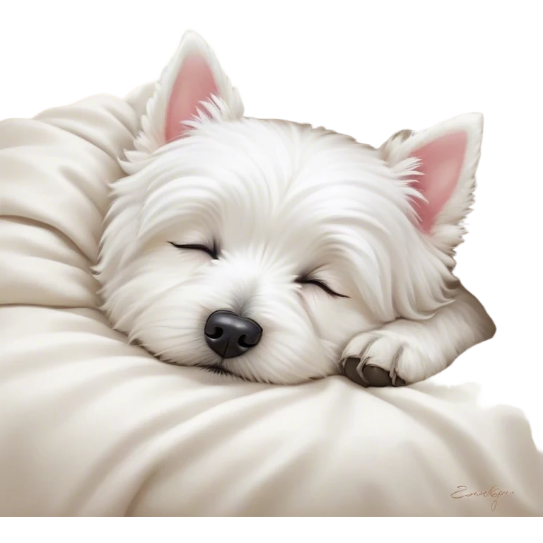 Meme-Worthy Cute Sleeping West Highland White Terrier Portrait Emoji, Head resting peacefully with a contented smile, showcasing a delightfully compact build and a luxuriously soft white coat, eyes shut in a serene nap, Simplified yet hilariously adorable features, highly detailed, glowing with a soft, drowsy light, high shine, relaxed and utterly lovable, stylized with an air of playful laziness, bright and heartwarming, soft glowing outline, capturing the essence of a comically sleepy companion, so meme-worthy it feels like it could instantly become the next viral sensation of adorable slumber! emoji