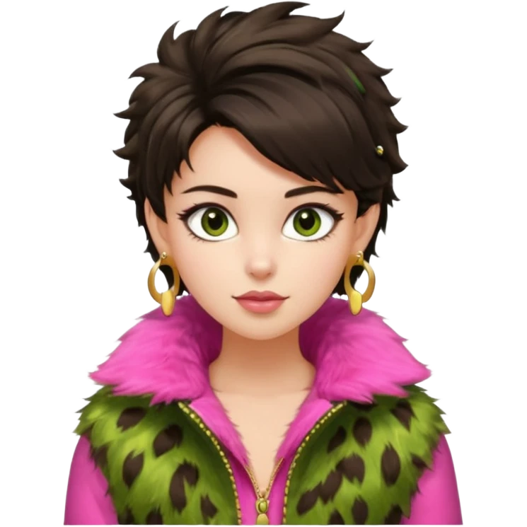 generate a pretty fair bratz girl with dark brown eyes. Dark brown hair tied up in a funky hairstyle. Wearing a green fur jacket, with pink top underneath. Golden earrings emoji