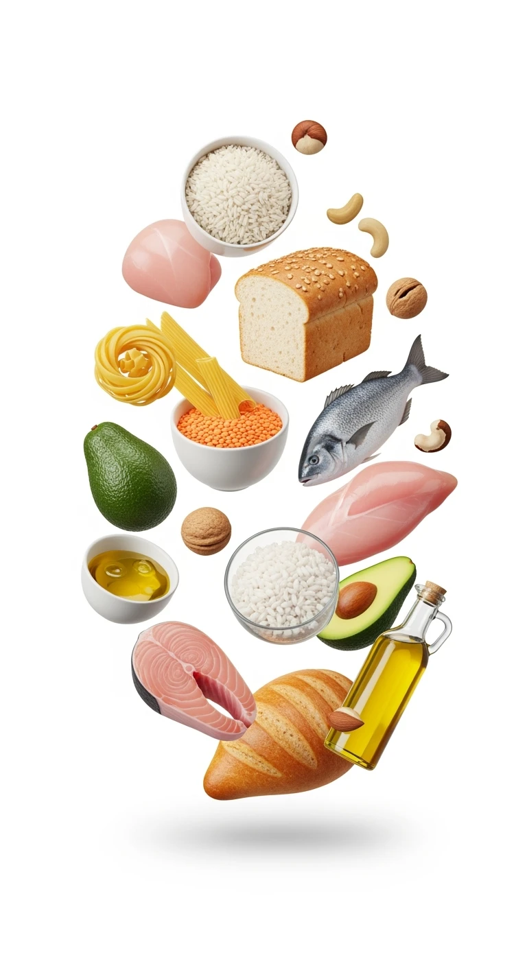 macros come carboidrati proteine e grassi, fluttuano in aria in 3d, sfondo bianco emoji
