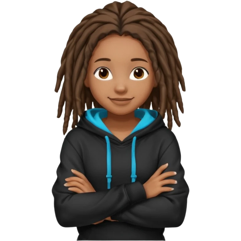 African American girl with shoulder length dreadlocks wearing a plain black hoodie with her arms folded across her chest emoji