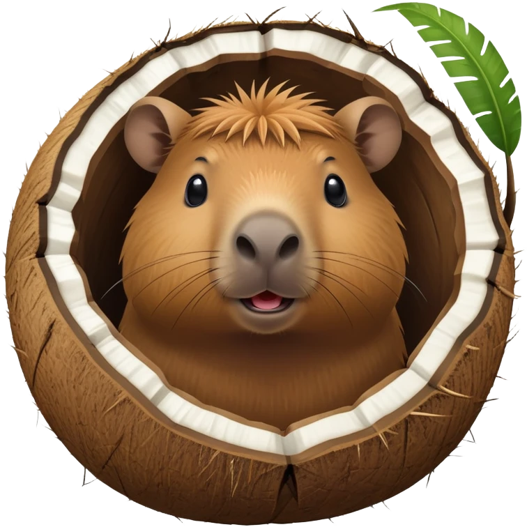 A cute capybara peeking out from inside a cracked open coconut shell emoji