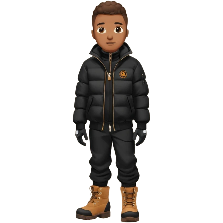 Handsome Black grown man with brown skin tone, wear black joggers, a black bubble coat, and buckwheat timberland boots, and black gloves emoji