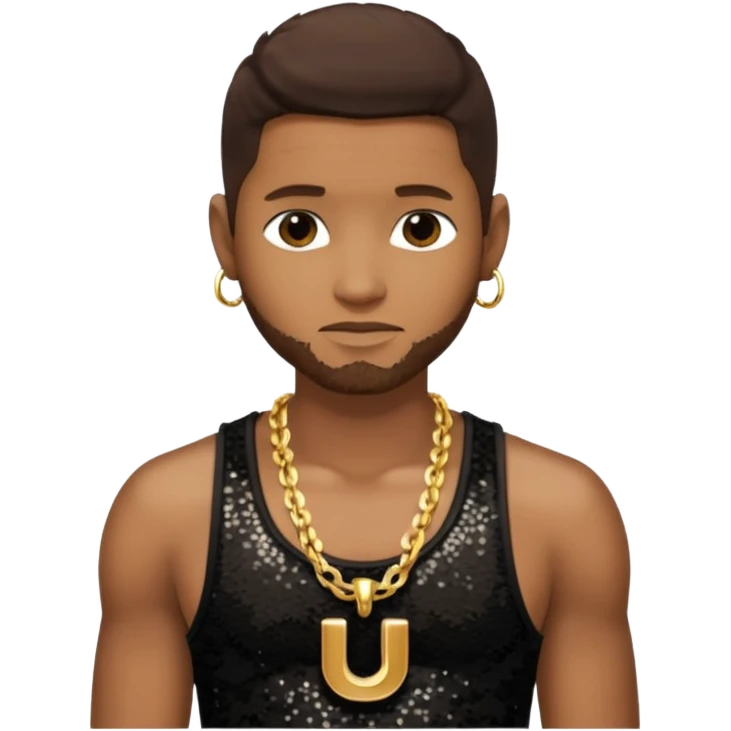 Usher with dark brown hair, black sequin tank top, necklace with letter u emoji