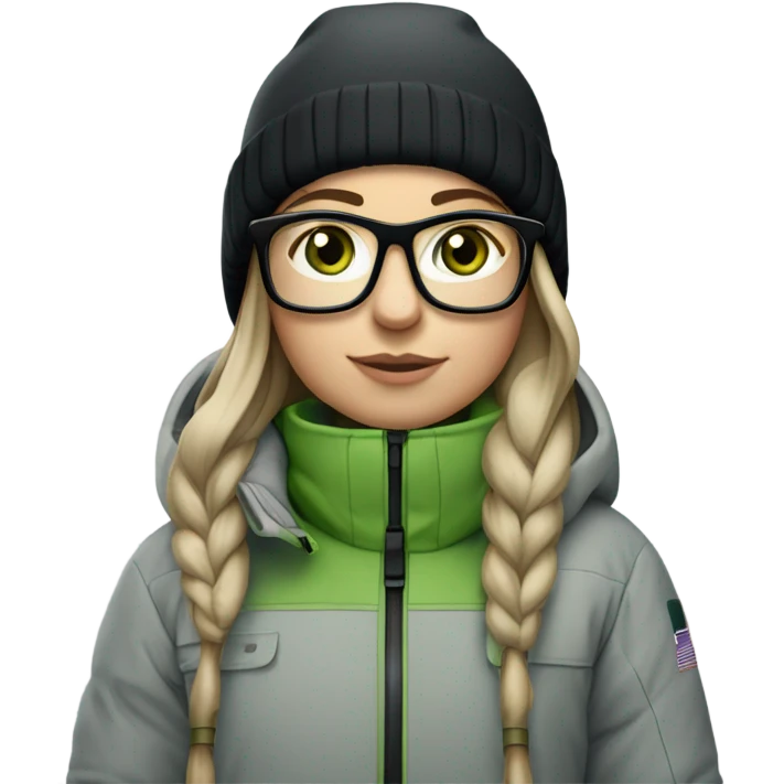 Green-eyed, slightly overweight female skier with long straight hair, glasses, light grey snow jacket, long black pants, black only snow boots, wearing black skis standing tall. emoji