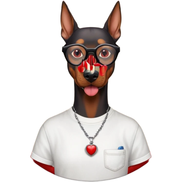 Generate a emoji of a big evil doberman dog with red eyes and a tongue sticking out, give the doberman a human body with a white shirt and baggy jeans, make the doberman have ear piercings and a septum ring, make the dog have black circular glasses with a red tint emoji