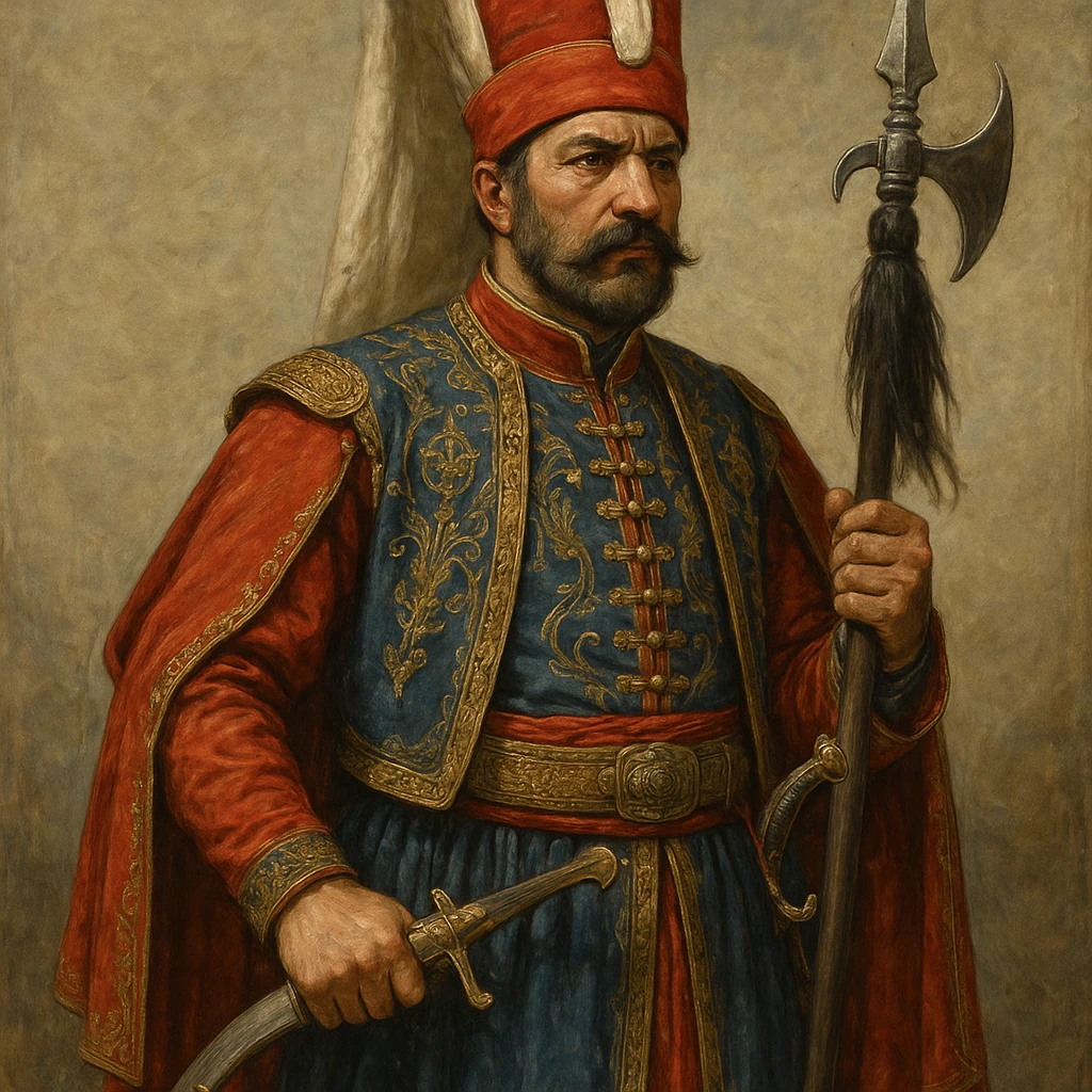 an Ottoman Janissary, historical Turkish soldier, in full ceremonial uniform, detailed and expressive emoji