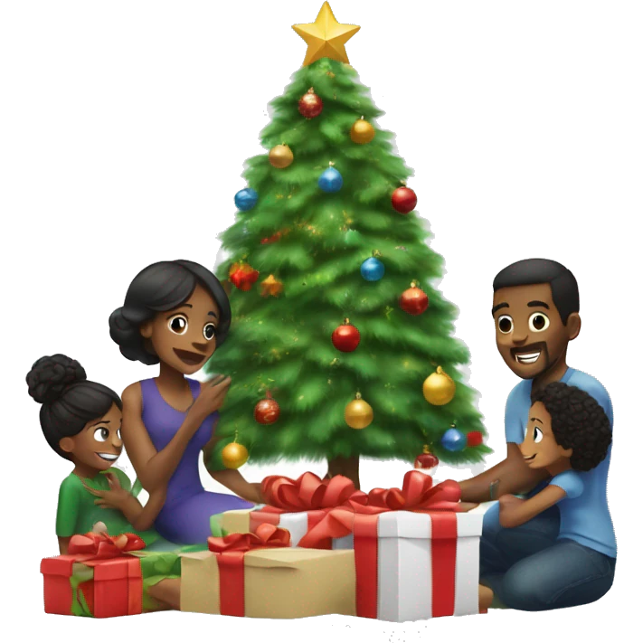 Black family opening presents under a Christmas tree emoji