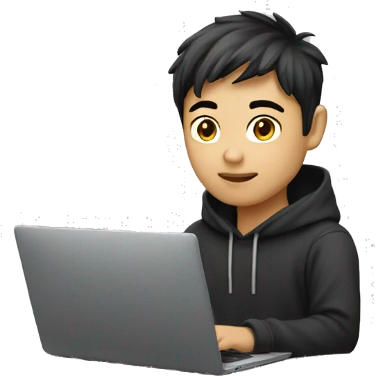 A Asian boy is developer dressed as developer wearing dark hoodies working on a laptop. Background transparent emoji