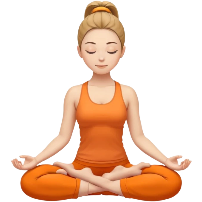 caucasian woman with ponytail in lotus position meditating, eyes closed with a slight smile, peaceful expression, orange yoga clothes emoji