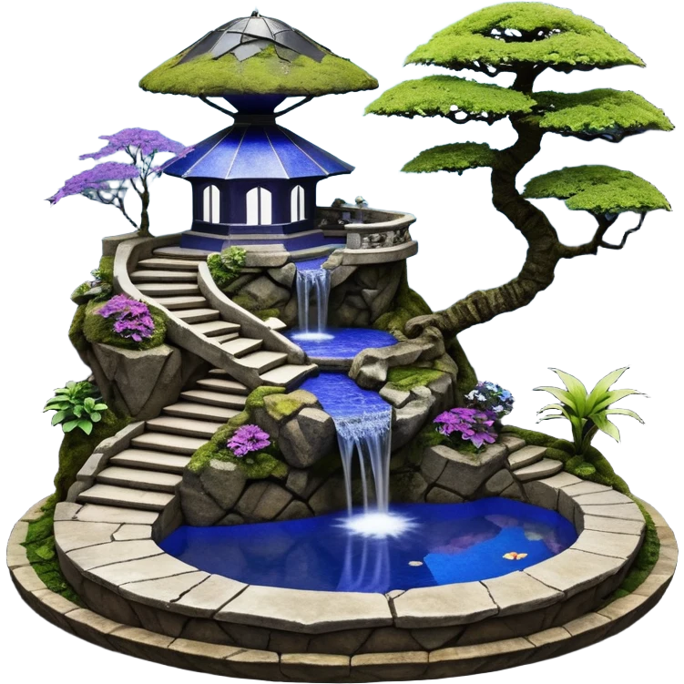 Alien saucer poolhouse jungle winding narrow stairway fountain koi pond mountainside -island getaway nighttime landscape antique mudman very old broken cracked intricate Stone Age lapis-crusted irregular dodecagon-shaped shallow dark moss rough bark violet serissa flowered maple tree bonsai emoji