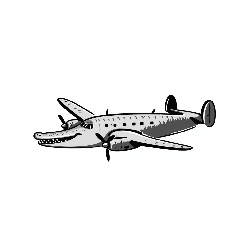 World War II bomber plane with four propeller engines that has a crocodile head and scaly reptile body, fusion of animal and machine emoji