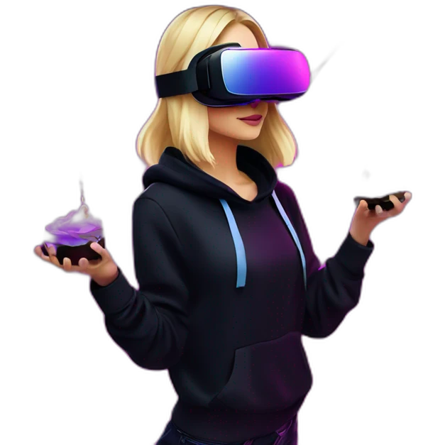 Russian blondy girl celebrating her birthday wearing a black hoodie and VR headset in a cyberpunk VR environment with violet neon lighting emoji