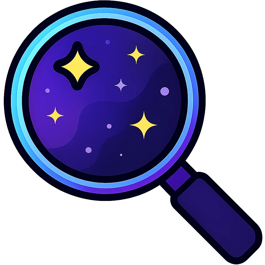 search icon, modern clean magnifying glass with neon border and glowing effect, dark purples blues blacks base, nebula gradients, small bright stars, specular highlights, luminous look emoji
