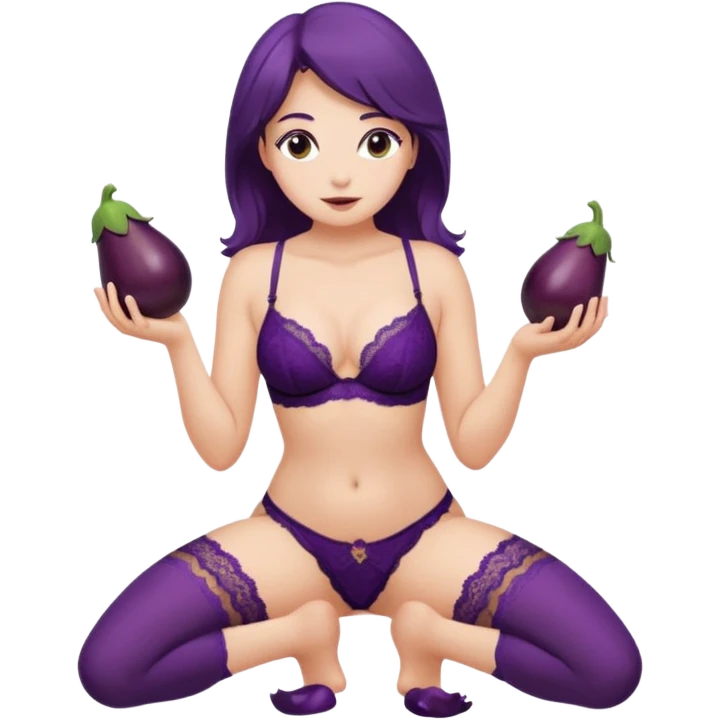 lady with lace lingerie kneeling with eggplant on her face emoji