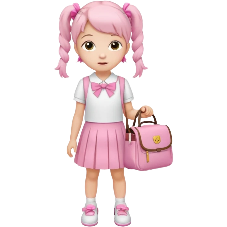 small girl wearing pink student uniform, white dress, white shoes and a bow on her pigtail hair, holding school bag emoji