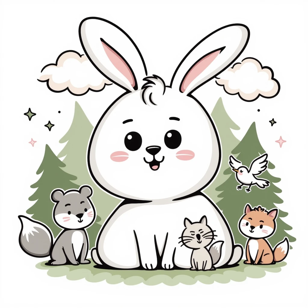 hand-drawn Japanese kawaii mori style illustration of fluffy pastel bunny with round baby face, big sparkling eyes, pink blush, with squirrel, bear, fox, and bird, soft pastel green forest, dreamy clouds, pastel stars, mushrooms, soft pastel tones, transparent background, high resolution emoji