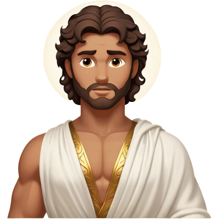 Cinematic Realistic Hercules Portrait, depicted as a classical Greek hero inspired by the Disney version yet echoing the refined proportions and serene dignity of Michelangelo's David. His idealized, sun-kissed bronze skin glows with timeless strength, and his thick, wavy dark hair falls in natural, sculpted curls. Draped in a flowing white robe with delicate golden accents, his expressive eyes radiate determined nobility, all rendered under dynamic natural lighting with a mythic, radiant glow. emoji