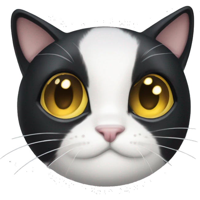 a cute tuxedo cat face with black ears and white face, big round yellow eyes, clipped ear, very cute emoji