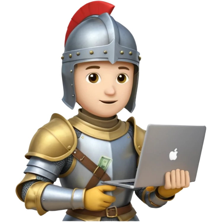 Knight with helmet holding laptop and money emoji
