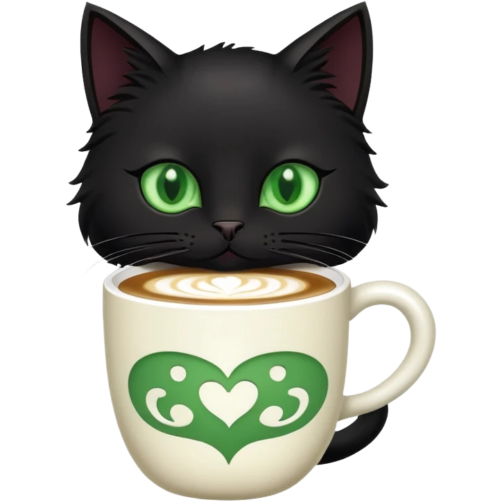 Black cat with green eyes and latte emoji