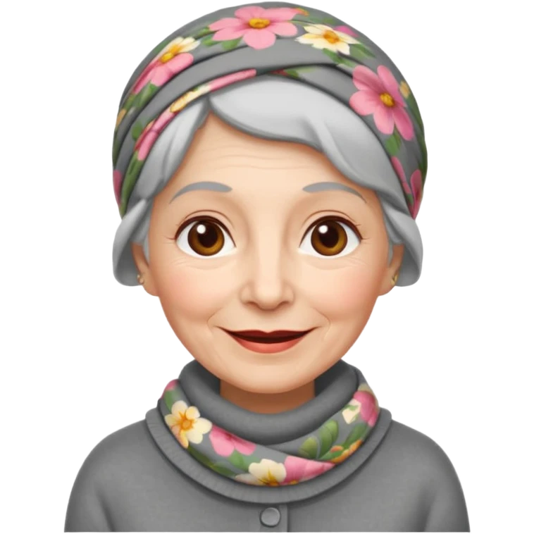 A kind old Soviet village grandmother emoji — elderly woman wearing a floral headscarf tied under her chin, simple gray cardigan, warm smile, friendly face, flat emoji style, minimal Apple-like design. emoji