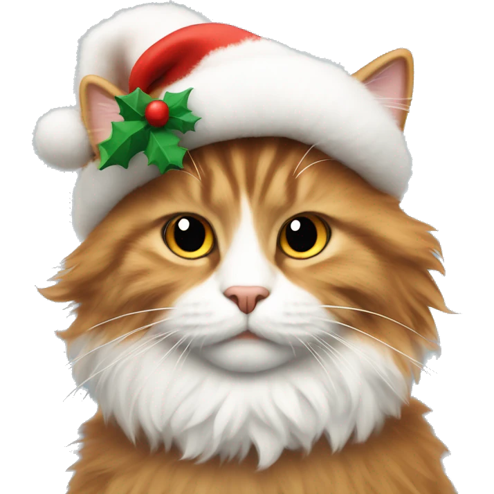 White, black and ginger fluffy cat with Christmas hat emoji