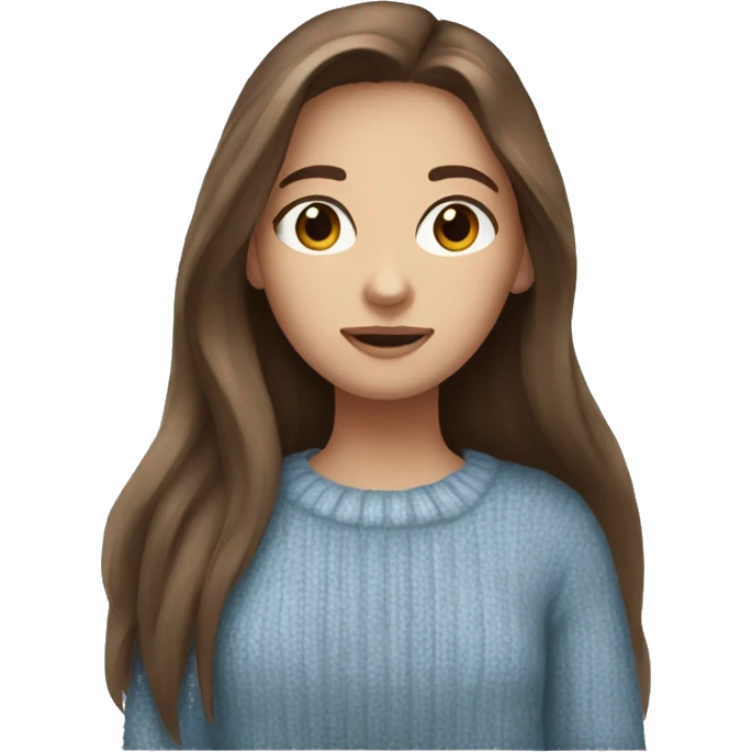 Girl, straight shoulder long brown hair, blue eyes , wearing a cozy sweater  emoji