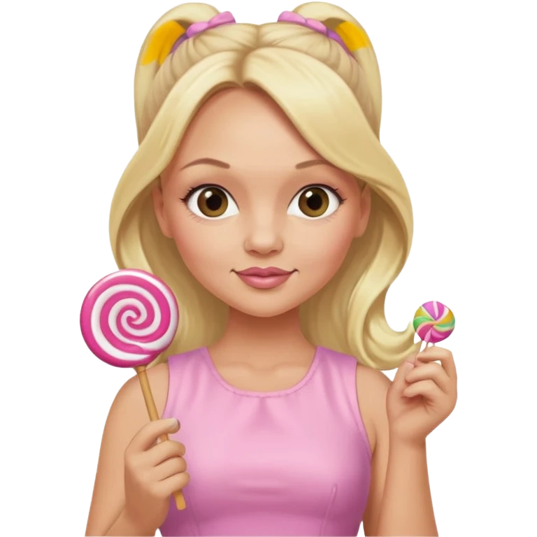 Emma Bunton with long blonde ponytails wearing light pink body dress holding a lollipop emoji