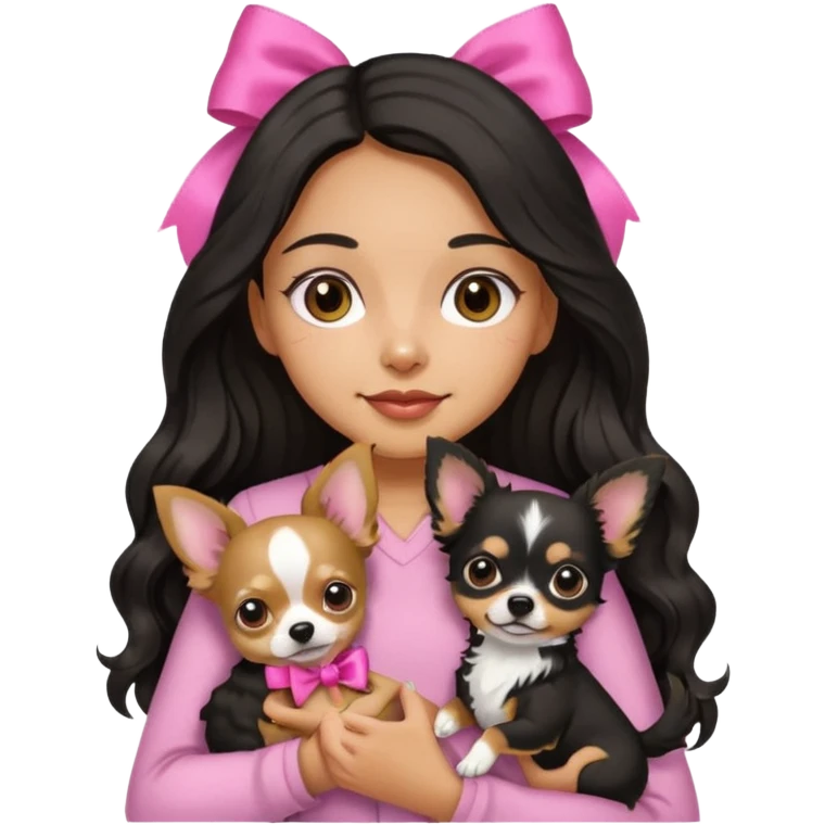 A girl with light to medium skin with olive skin tone, with long black hair with wavy bottom. Holding a chihuahua dog wearing a ribbon emoji
