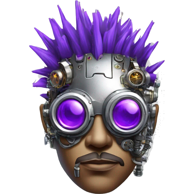 Purple mohawk cyborg head with silver steampunk goggles, goatee and circuits emoji