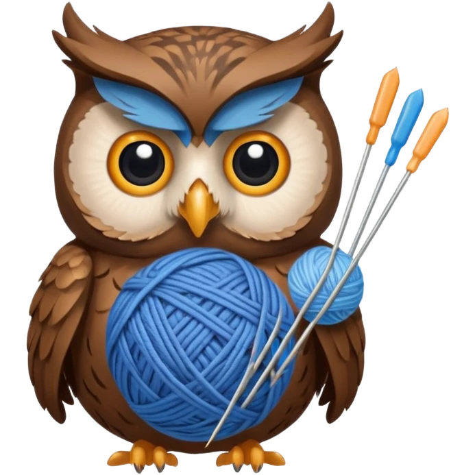 Owl holding blue yarn ball and knitting needles emoji