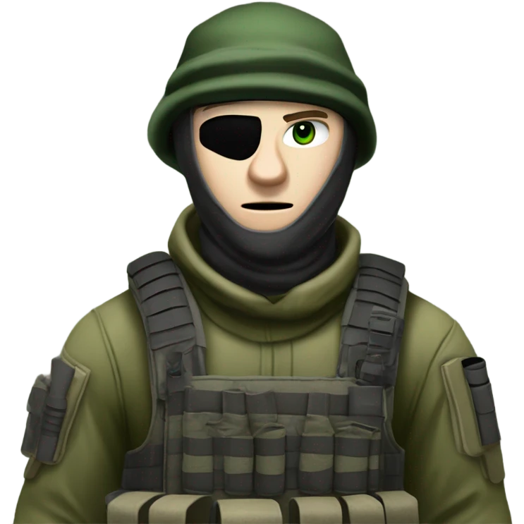 white male, pale skin, call of duty dark mask, green camo tactical gear, combat boots, black beanie, hazel eyes emoji