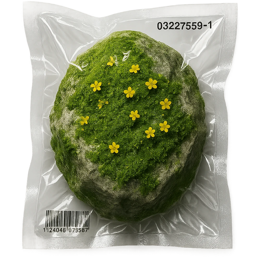 light gray rock, covered in green moss with clusters of small bright flowers, glossy emoji