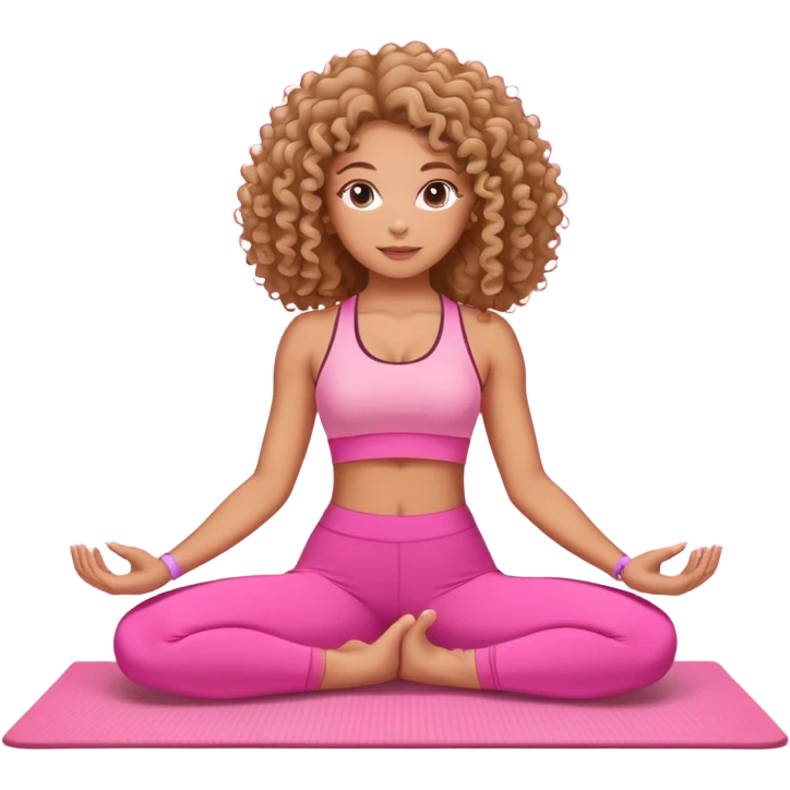 Uma mulher de cabelo cacheado, usando roupa de yoga rosa, em uma posição de yoga bonitinha  emoji