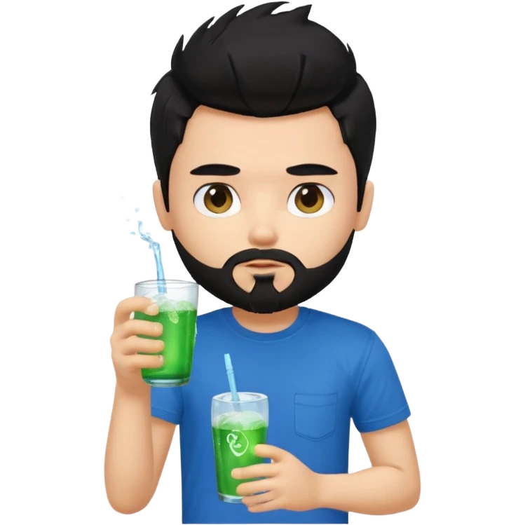 generate a pretty bratz boy with a messy black hair, drinking sprite, bearded, blue tshirt emoji