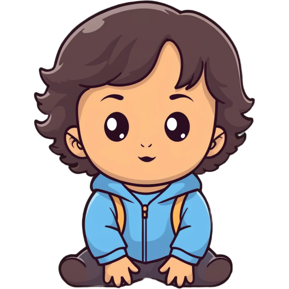 toddler face with big eyes, medium skin tone, and dark wavy hair emoji