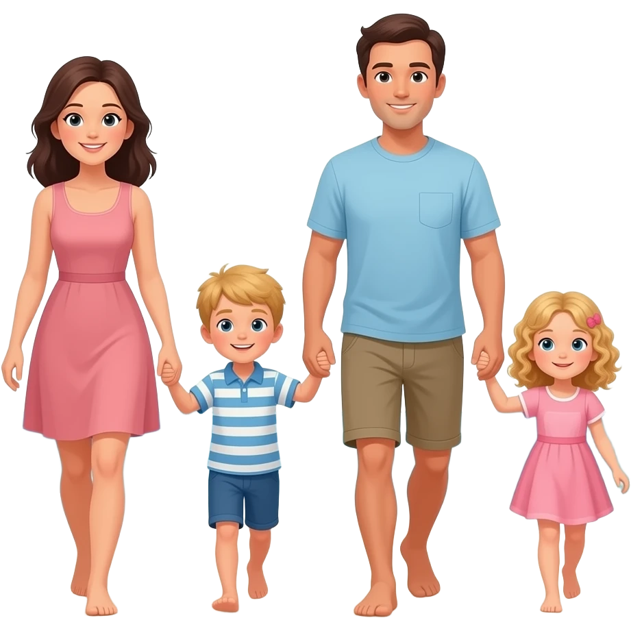 Family of 4 dark haired mom and dad  blond haired 5 year old boy and blond and curly hair 3 year old walking on the beach emoji