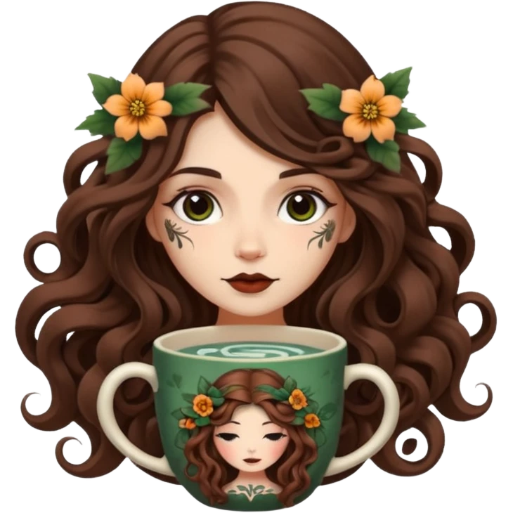 cute forest witch woman long wavy brown hair tattoos curled in flower cup emoji