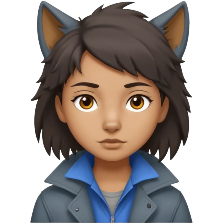 Hobo tomboy with dark brown hair in a wolf cut style, brown eyes, dirty dark grey coat, blue-grey shirt. emoji