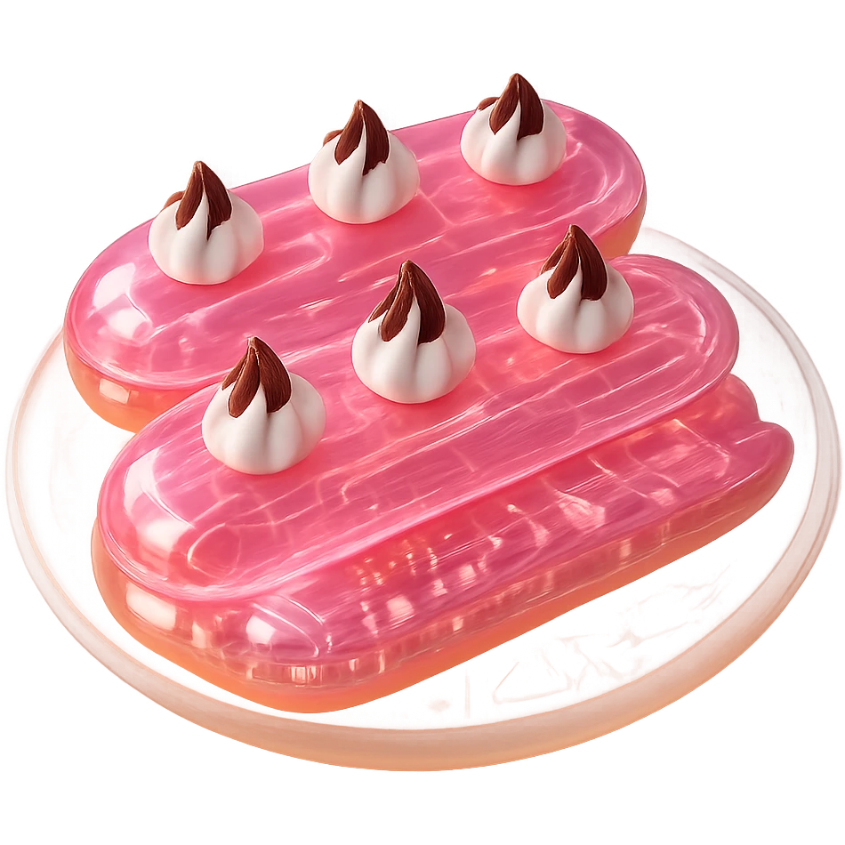 3D iOS-style illustration of three eclairs with pink glaze and cream on a plate, glossy and realistic, soft lighting, no background. emoji
