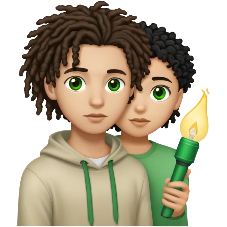 couple holding eachother. the boy is light skinned, short brown dreads, and green eyes the girl is light skinned, curly black hair, and brown eyes emoji