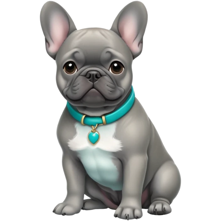 Grey French bulldog with turquoise collar sitting facing forward emoji