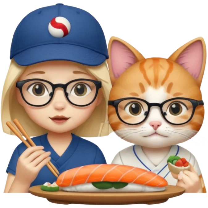 cute girl cat wearing glasses and a cute boy cat wearing a baseball cap eating sushi together emoji