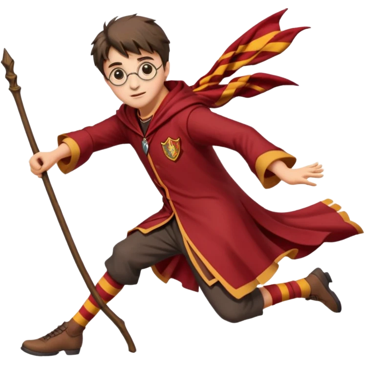 Cartoon-style illustration of Harry Potter flying on a broomstick, Gryffindor red and gold outfit, expressive face, dynamic motion, magical vibe, smooth shading, vibrant colors, no background, transparent background, isolated character. emoji