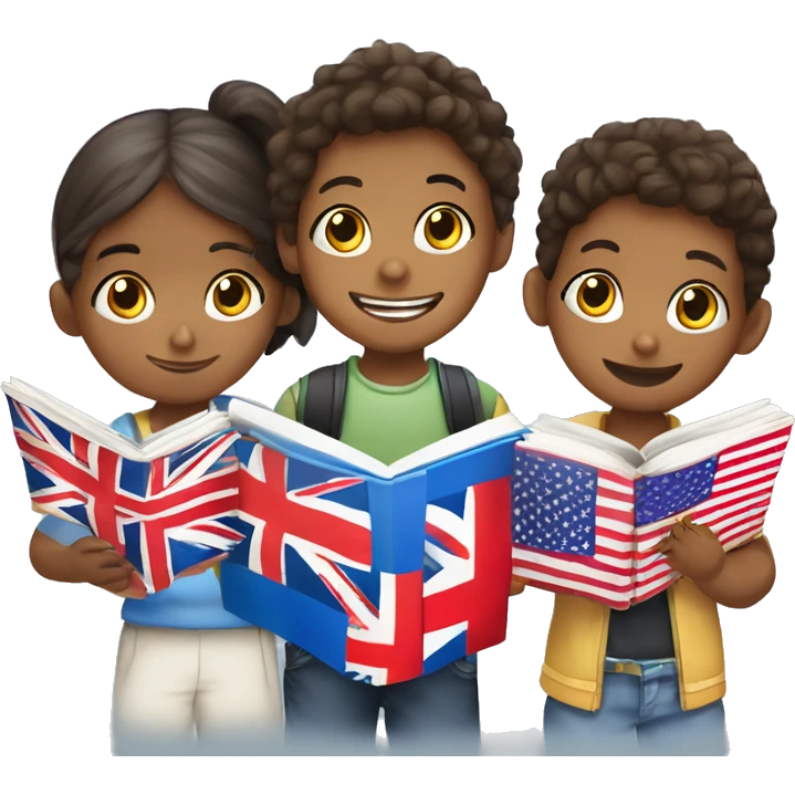 A vivid picture of children learning English, for example, playing games in English, reading books, drawing flags of different countries. emoji