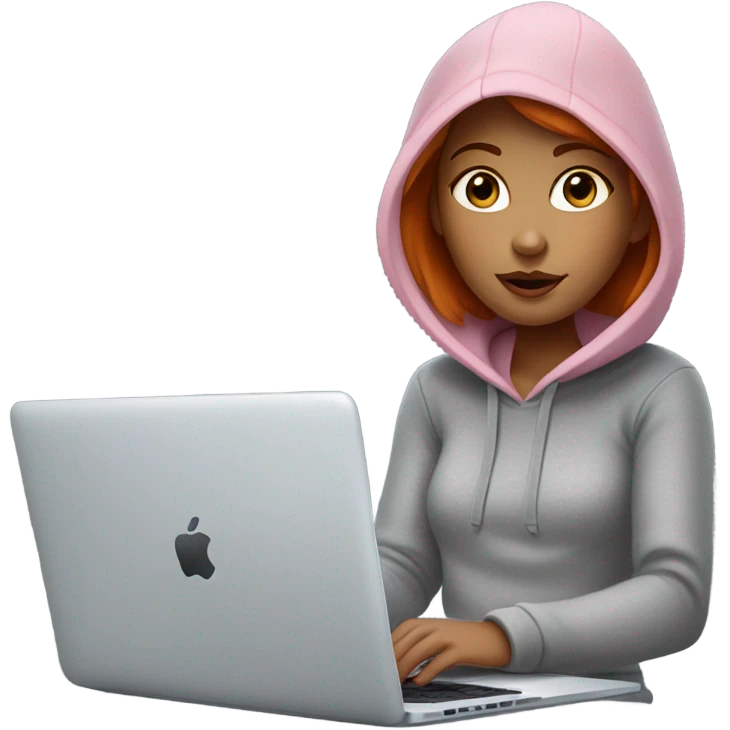 girl with straight short red hair, big pinky lips, big eyes, calm face, in gray hoodie works on macbook emoji