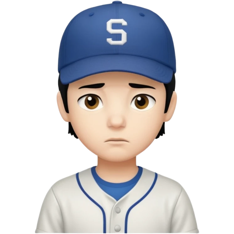 Gere um menino de cabelos preto e boné pro lado com feição séria emoji