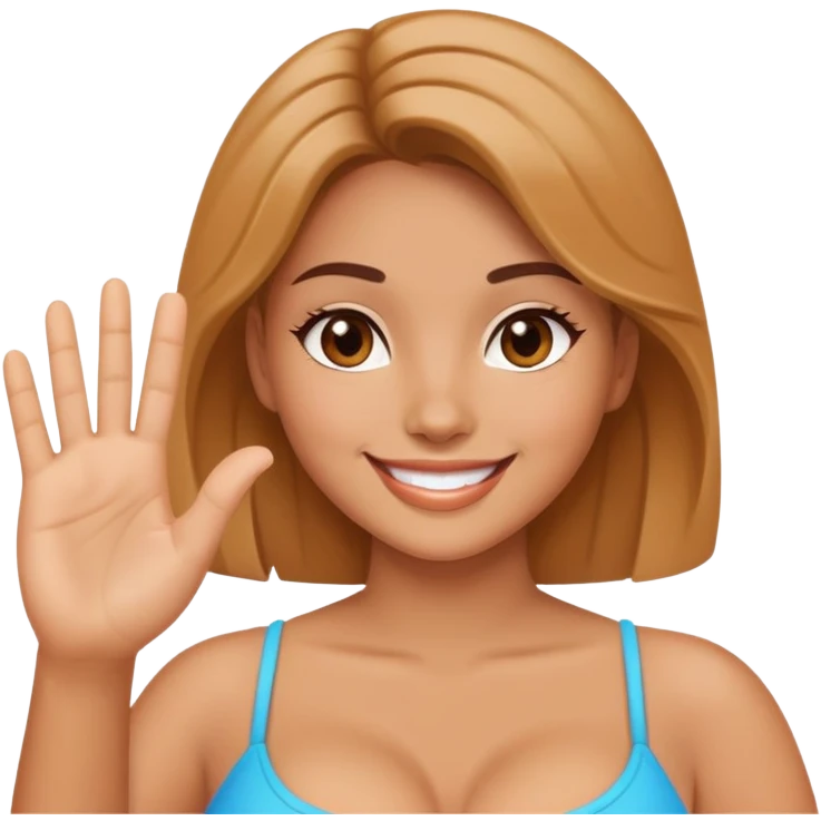 A beautiful naked girl with big beautiful breasts smiles and waves her hand emoji