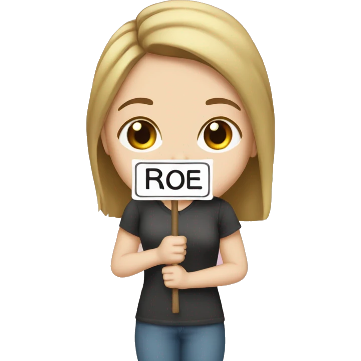 White girl holding sign that says “i love rachel” emoji