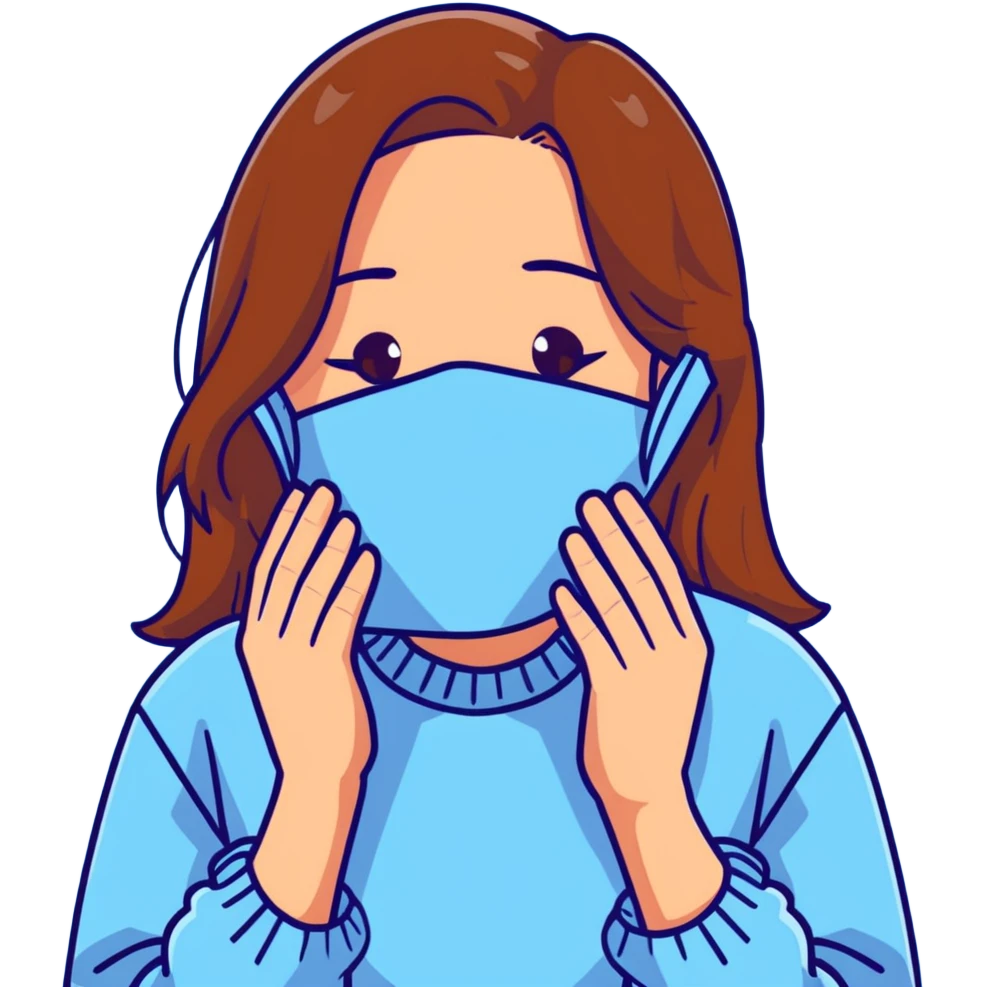 brunette girl with brown hair wearing pastel blue clothes covering her face with her hand emoji